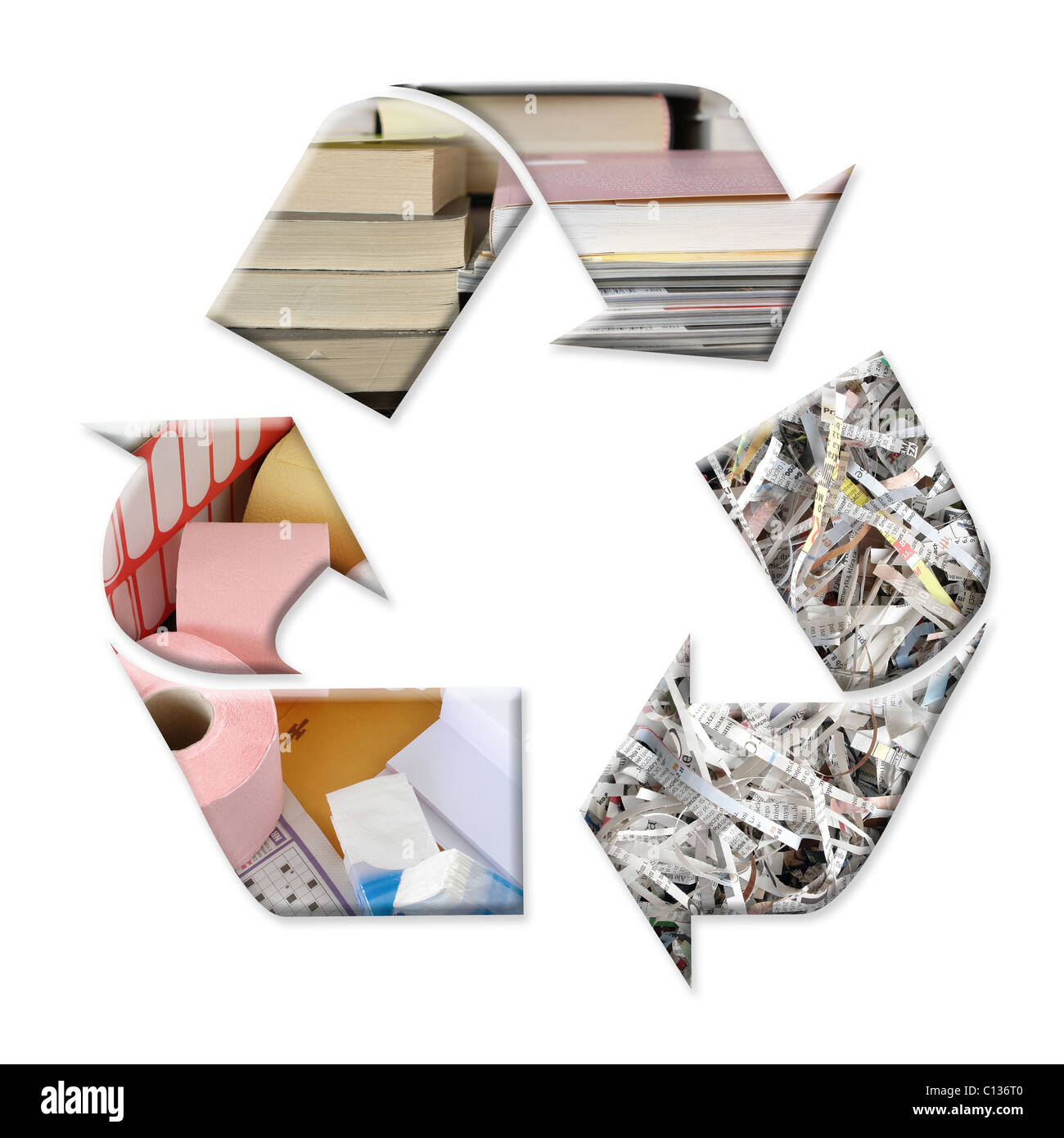 Trois concepts de recyclage de papier contenant le symbole flèche de papier différents produits comme le papier de toilette, livres, magazines, boîtes et Banque D'Images