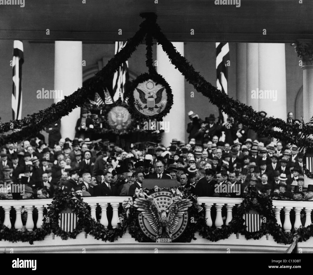 Présidence du FDR. Le président américain Franklin Delano Roosevelt prononce son premier discours inaugural, Washington, D.C., le 4 mars 1933. Banque D'Images