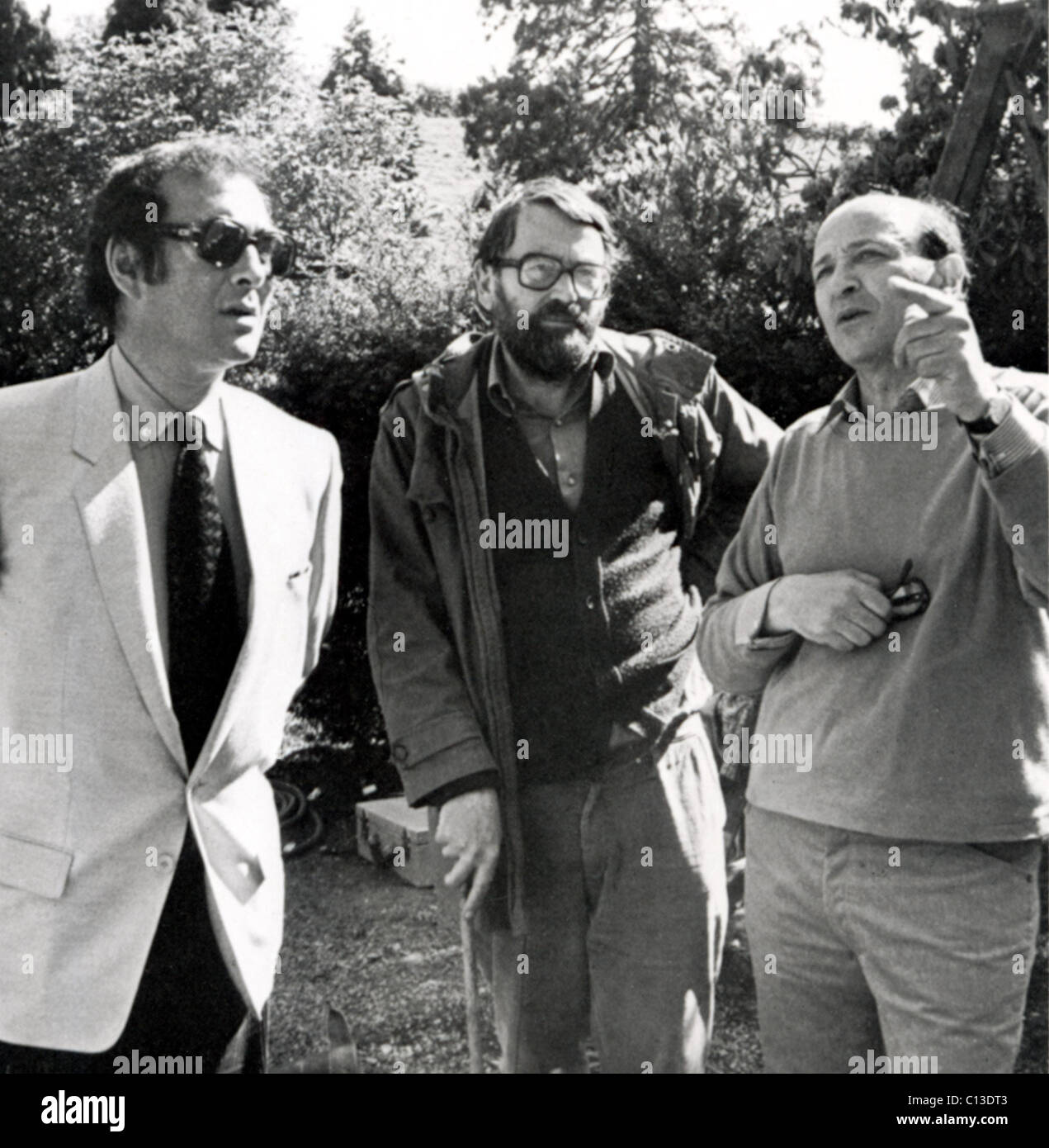 Le scénariste Harold Pinter, le romancier John Fowles et directeur Karel Reisz sur l'ensemble de la femme du lieutenant français, 1981 Banque D'Images