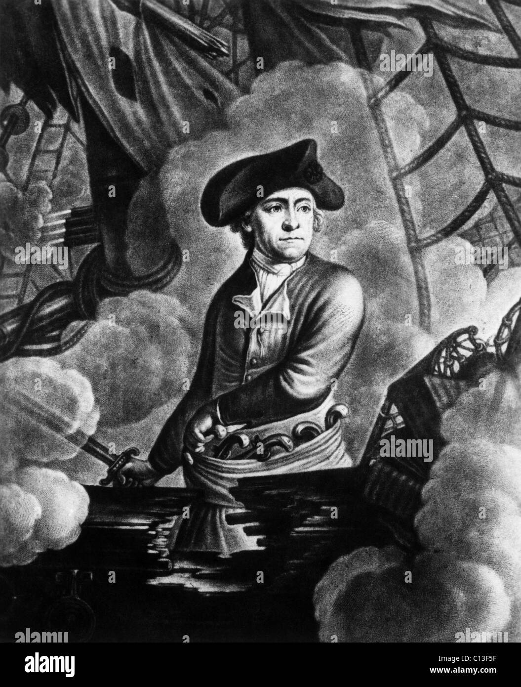 John Paul Jones (1747-1792), héros de la marine américaine sur le trimestre-pont du Bonhomme Richard, dans la bataille de Sérapis, par Theodore Roscoe et Fred Freeman, dessin vers 1950. Banque D'Images