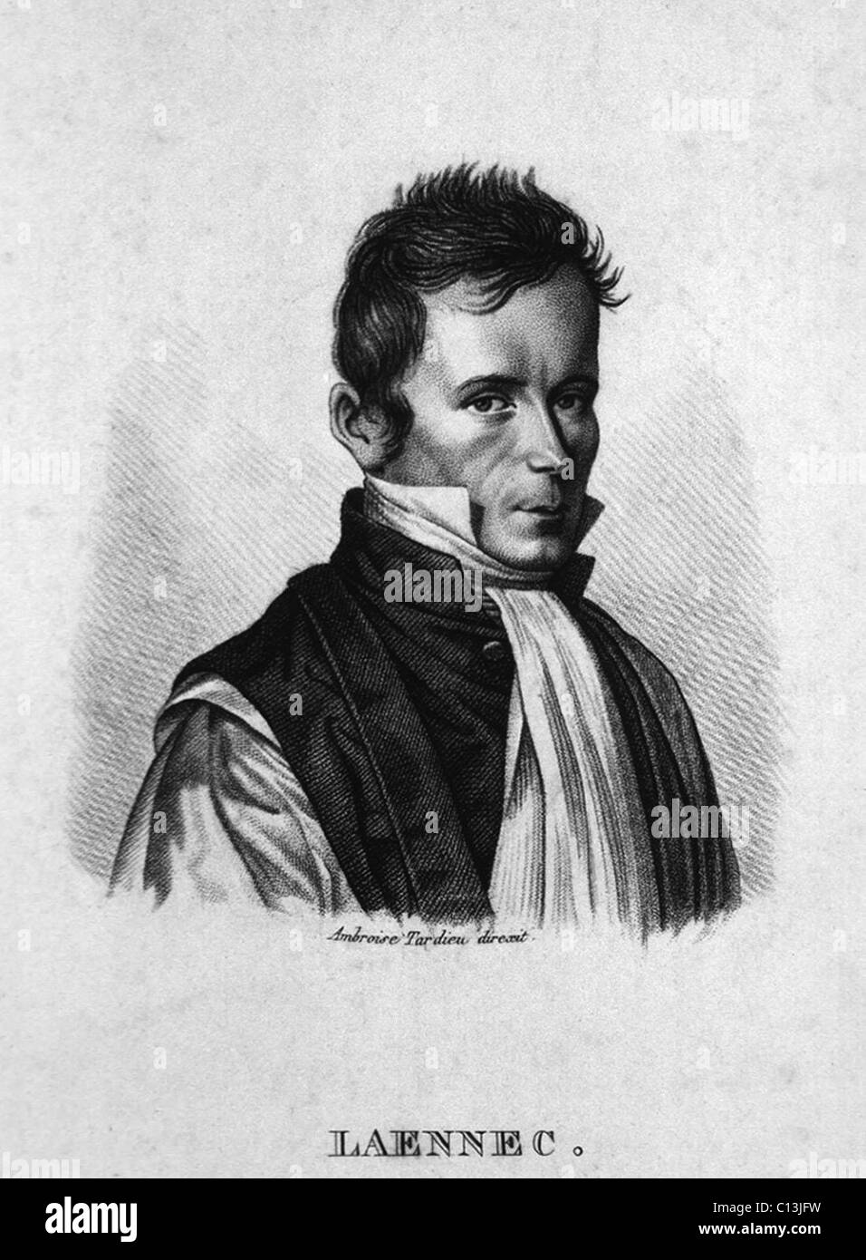 René Laennec (1781-1826), médecin français, inventeur du stéthoscope. Il a mis au point des méthodes de diagnostic médical à partir de bruits cardiaques et pulmonaires entendus par le stéthoscope. Lithographie Portrait par Ambroise TARDIEU, ca. 1820. Banque D'Images