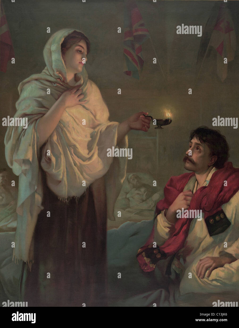 Florence Nightingale (18201910), dans un portrait romancé comme la dame à la lampe, à l