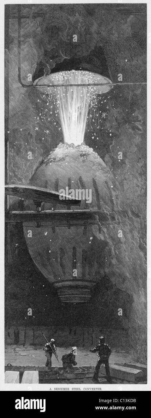 Un convertisseur Bessemer steel retiré les impuretés du fer par oxydation (brûlés) avec de l'air haute pression d'être soufflé par le fer fondu. L'étincelle, au creuset sont les impuretés oxydées, tels que le silicium, le manganèse et le carbone. 1889. Banque D'Images
