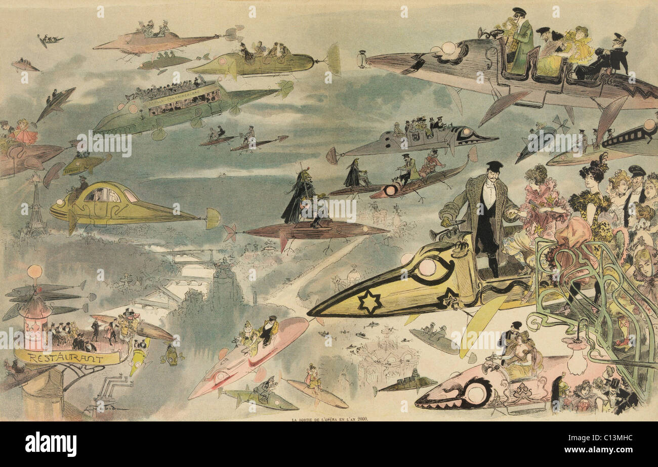 Vue futuriste du voyage aérien sur Paris comme les gens quittent l'Opéra. L'appareil imaginé : les bus et limousines avec la police dans l'espace aérien et des femmes pilotes. 1882 imprimer par Albert Robida 1848-1926 . LC-DIG-ppmsca-13553 Banque D'Images