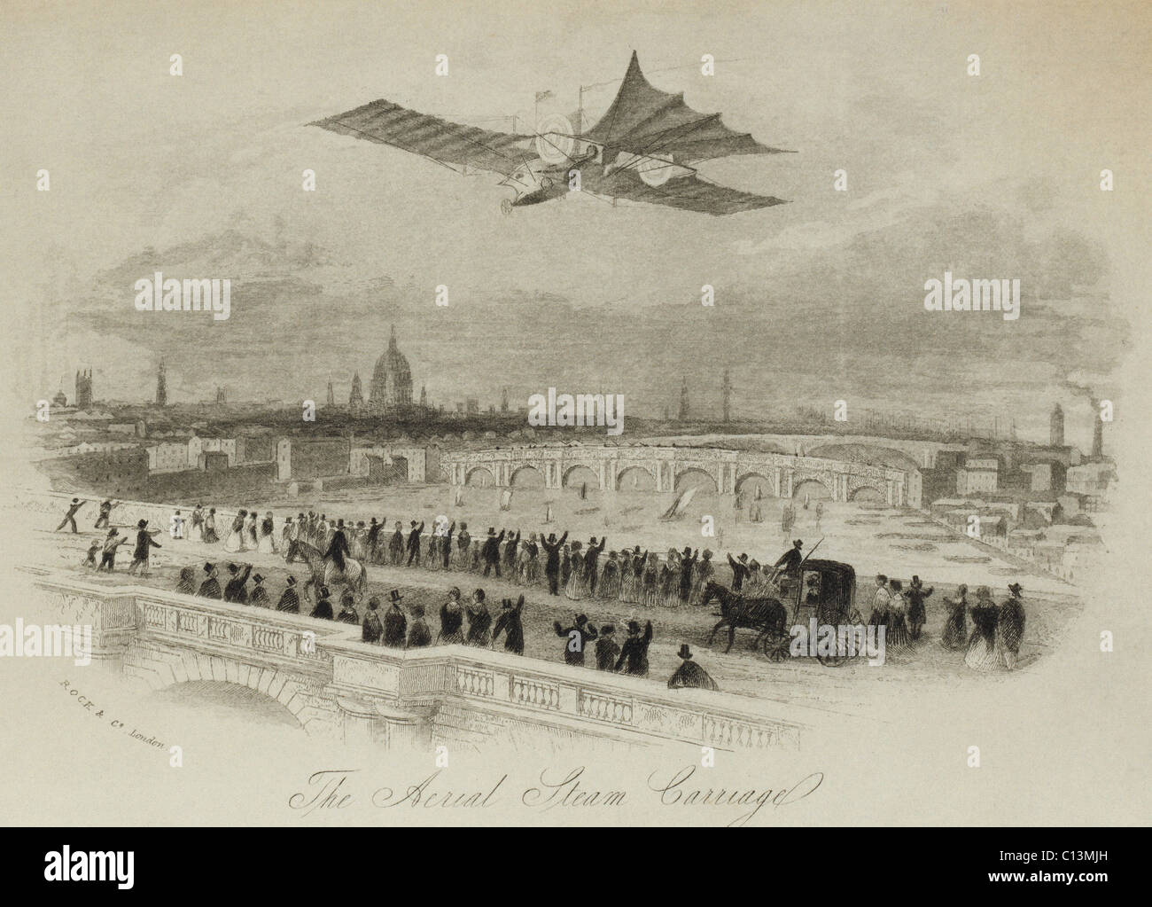 La voiture à vapeur aérienne proposée par l'inventeur britannique William Samuel Henson dans un imaginaire vol au dessus de la rivière Thames, London 1843. Tente de voler un modèle de chariot à vapeur n'ont pas réussi. LC-DIG-ppmsca-02570 Banque D'Images