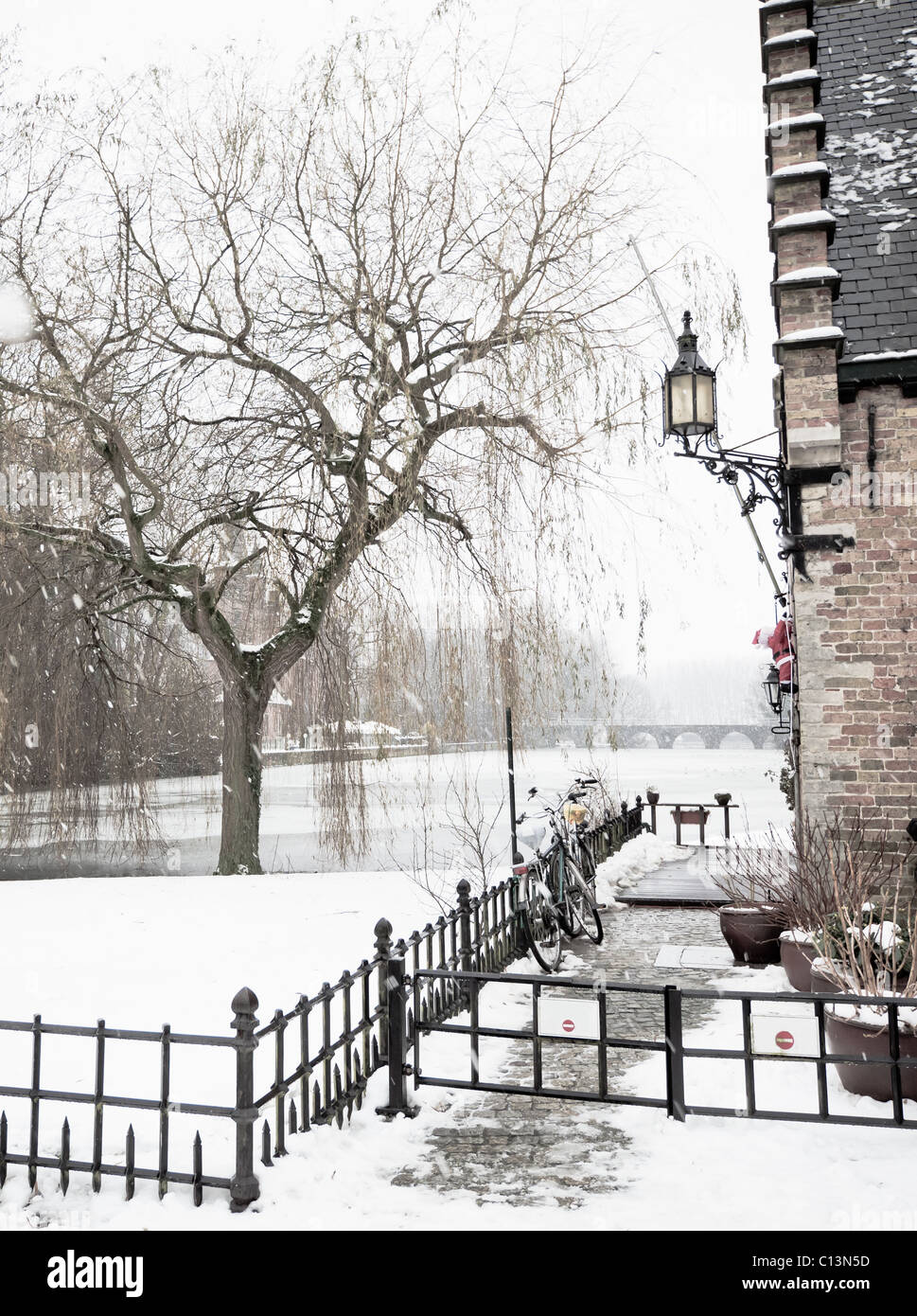 Vertical : paysage d'hiver maison près de lac gelé Banque D'Images