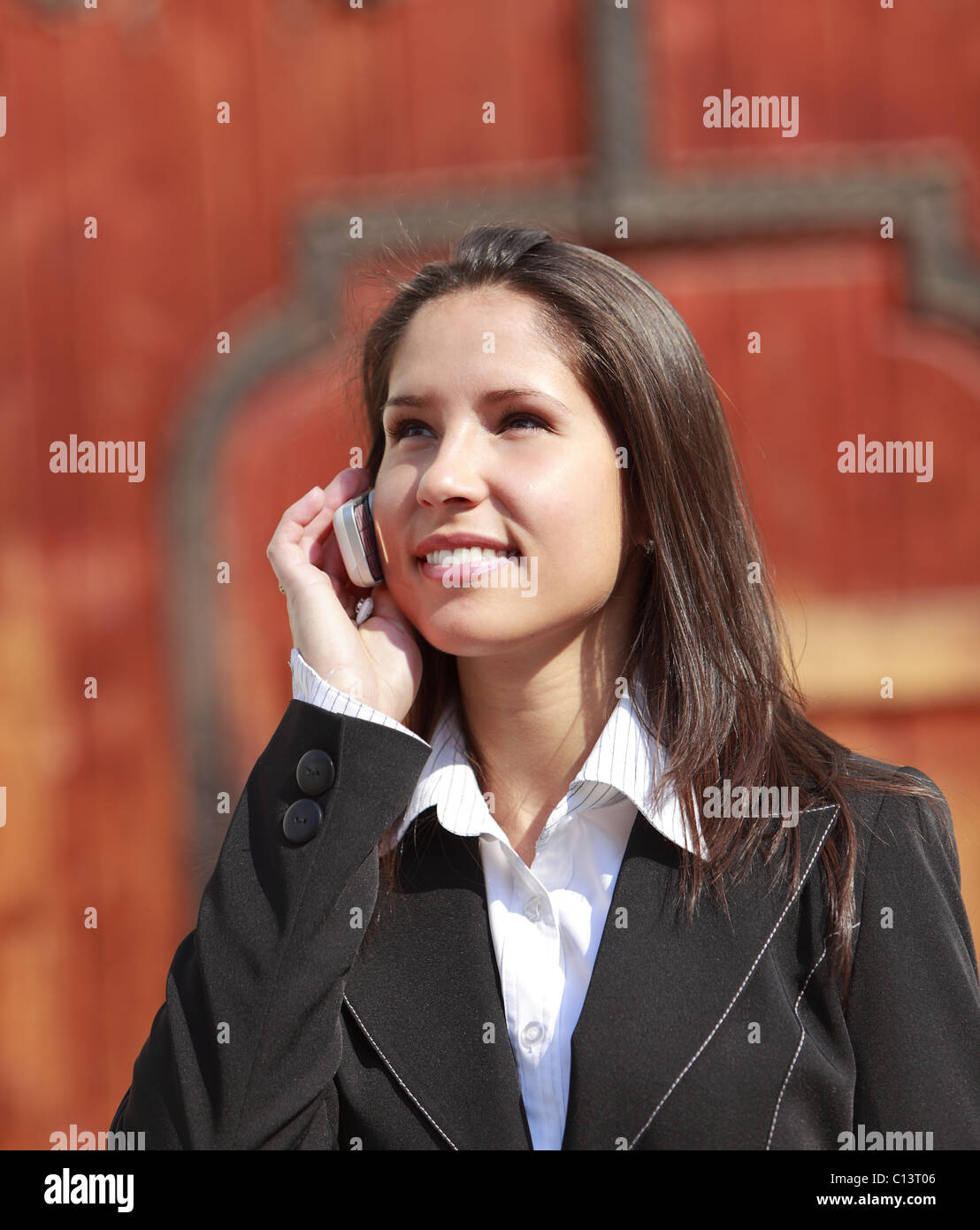 Beautiful smiling brunette woman sur le téléphone devant une vieille porte en bois. Banque D'Images