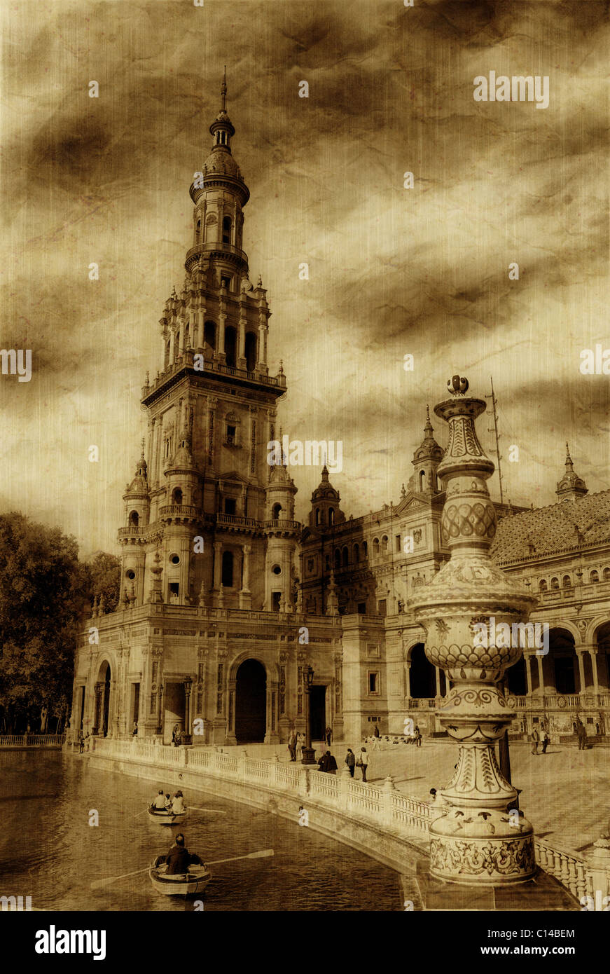 Tour Nord de la place d'Espagne, Séville en sépia Banque D'Images