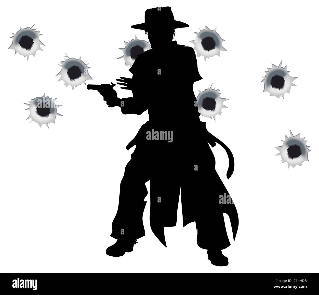 Un wild west flingueur le dessin et son arme à feu dans une fusillade avec des trous de balle dans l'arrière-plan Banque D'Images