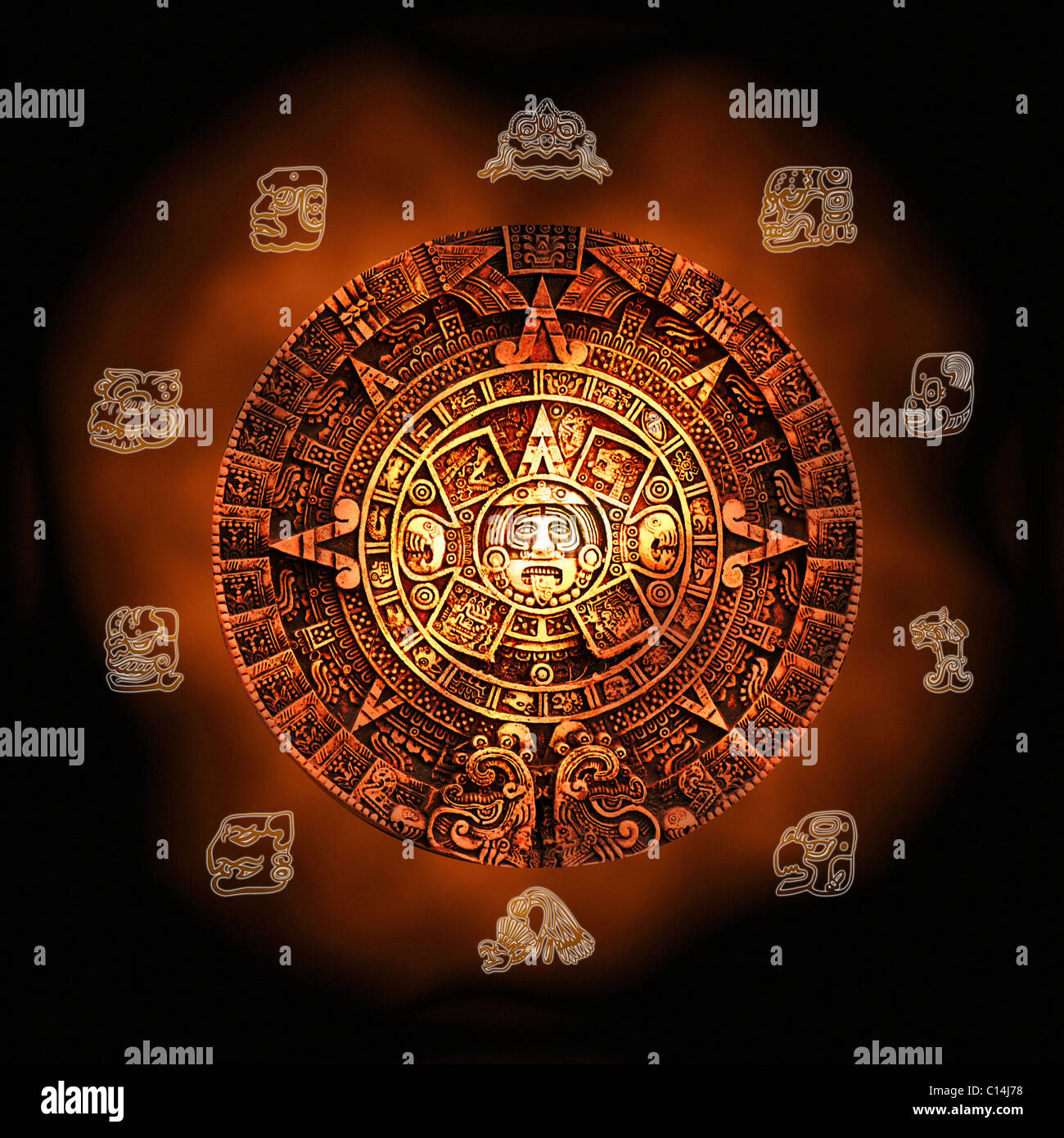 Calendrier aztèque stone et de symboles autour de c Banque D'Images