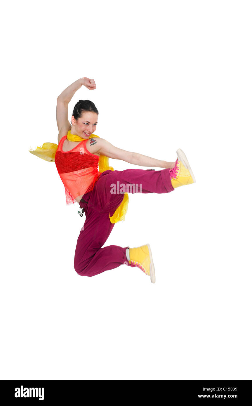 Danseur Hip hop féminin sur fond blanc Banque D'Images