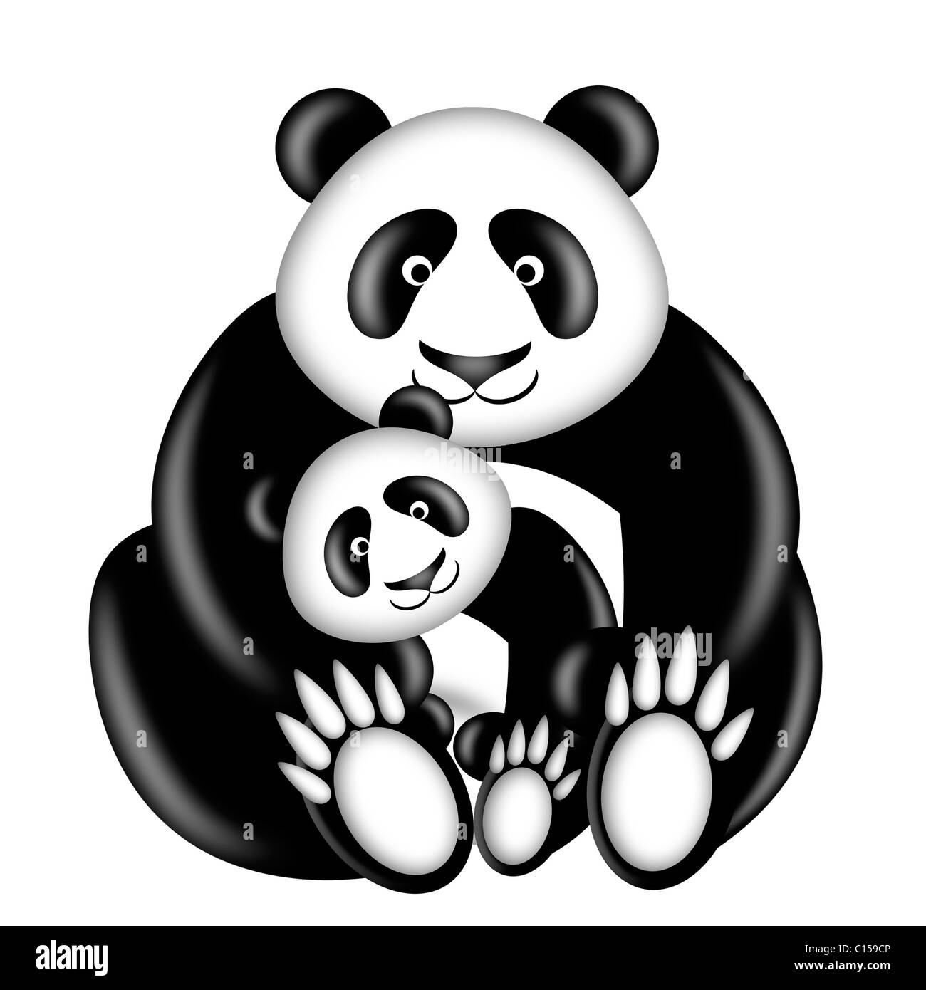 La mère et le bébé Panda Hugging illustration isolé sur fond blanc Banque D'Images