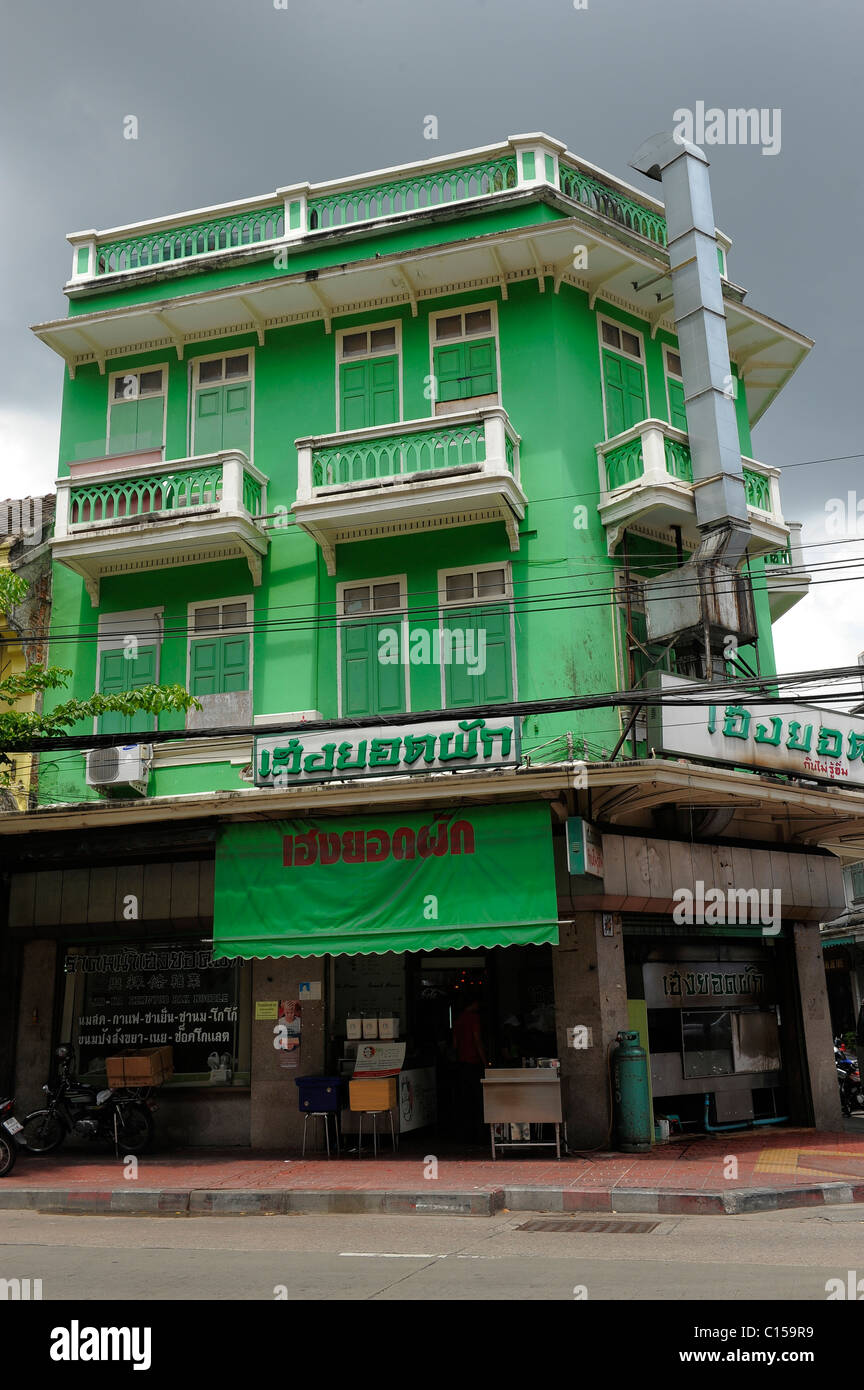 Bâtiment de couleur verte, Chinatown , bangkok , Thaïlande Banque D'Images