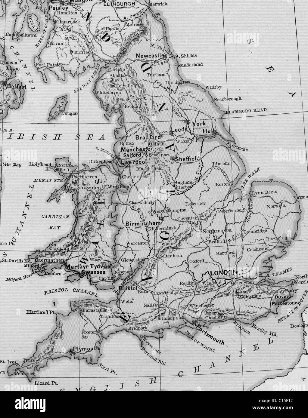 Ancienne carte de l'Angleterre de 1865, manuel de géographie d'origine Banque D'Images