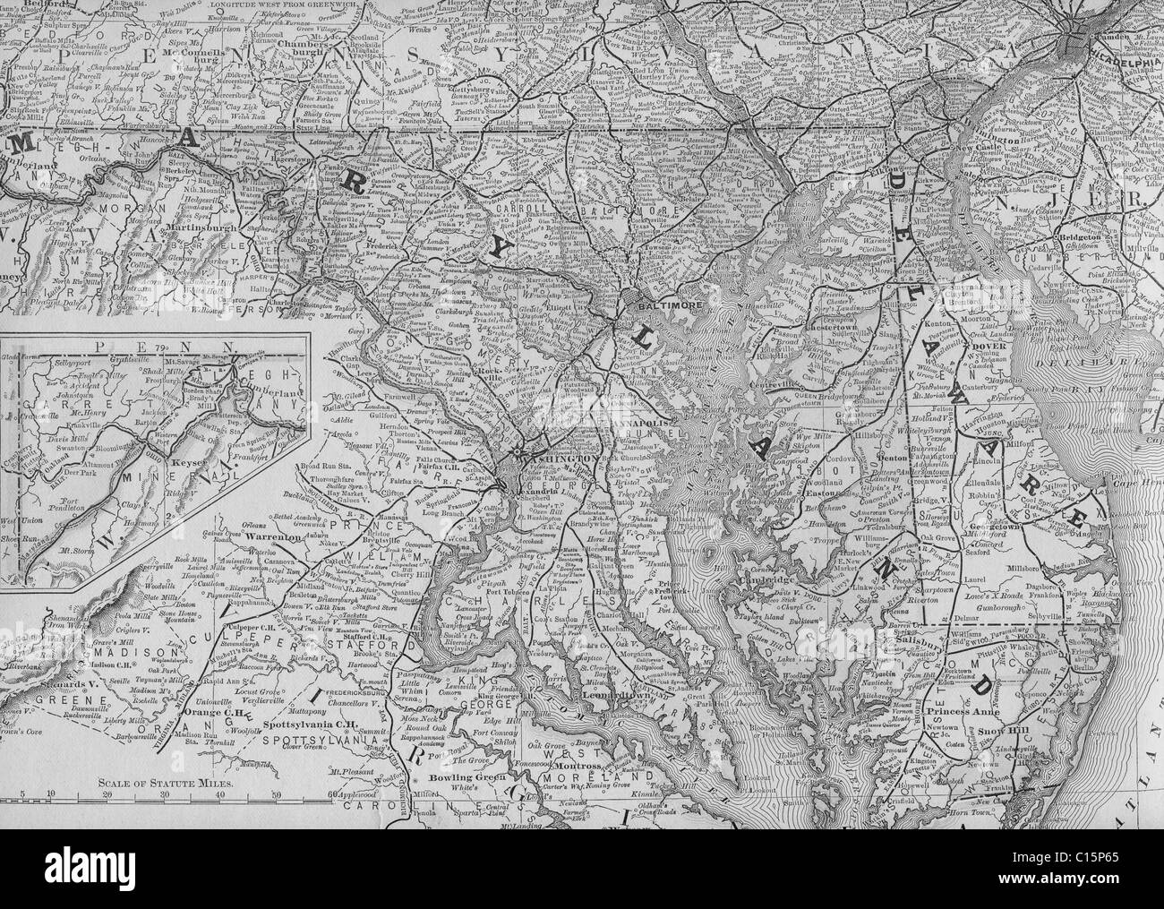Ancienne carte du Maryland de manuel de géographie originale, 1884 Banque D'Images