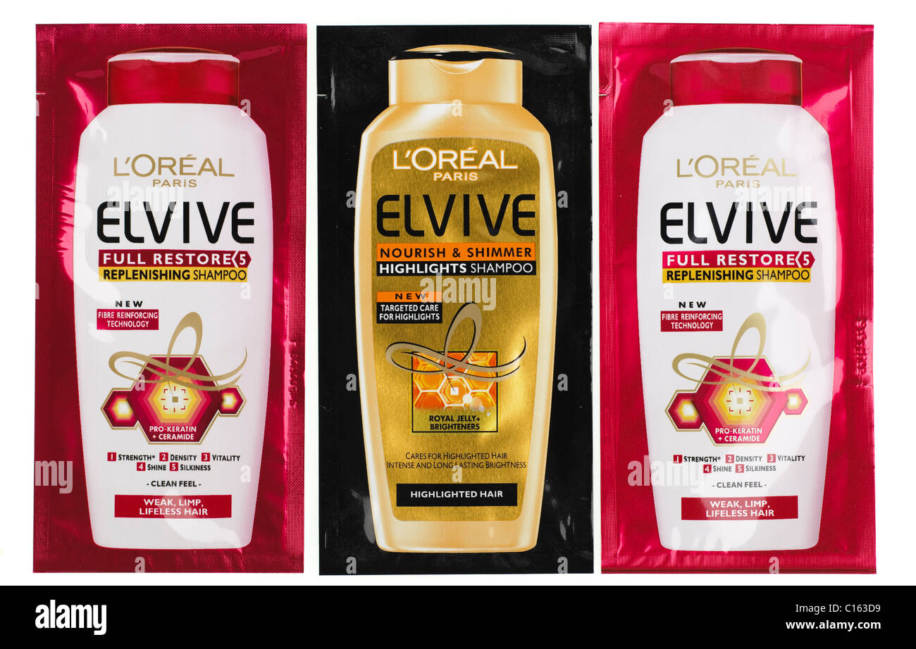 Trois exemples de sachets de L Oreal Elvive shampooing shampooing et faits saillants de
