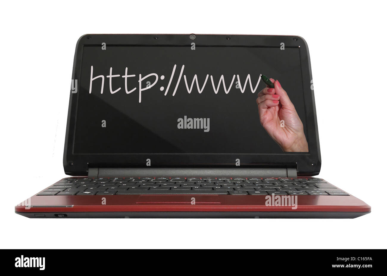 Écran d'ordinateur avec une main écrit www Banque D'Images