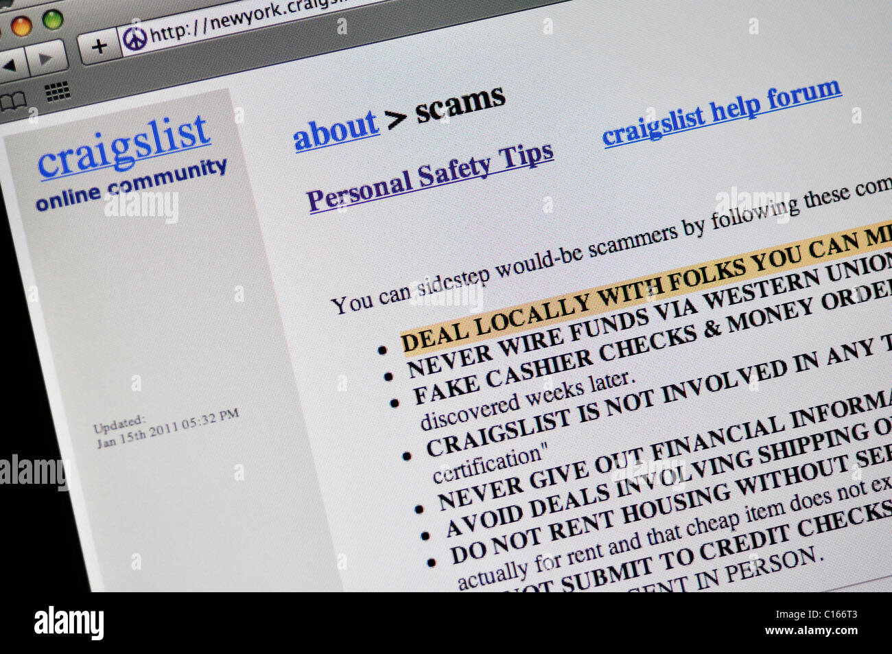 Site web Craigslist - Alerte aux messages frauduleux Banque D'Images