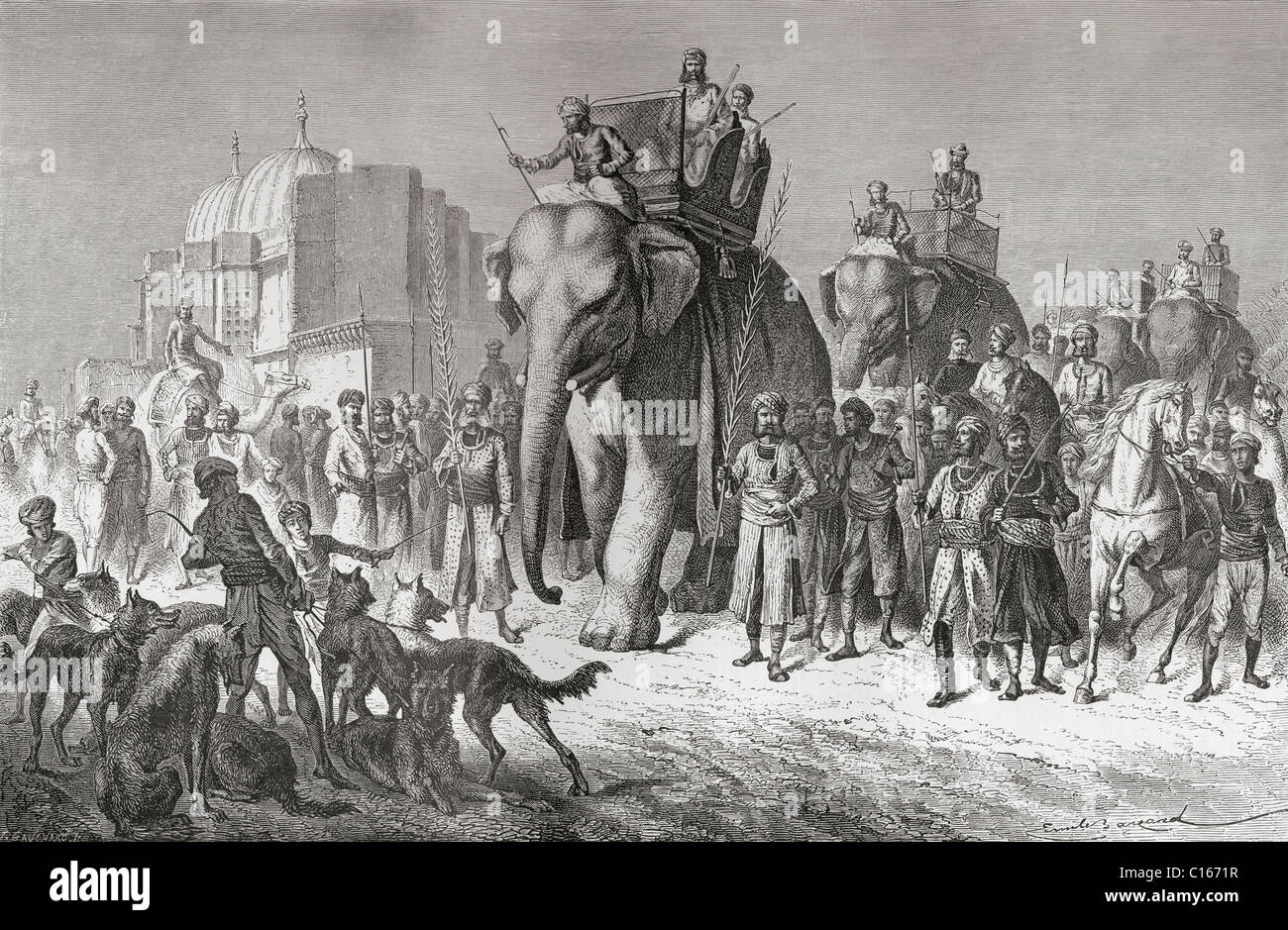 Une partie de chasse des Indiens à cheval les éléphants, se prépare à une chasse au tigre au 19e siècle. Banque D'Images