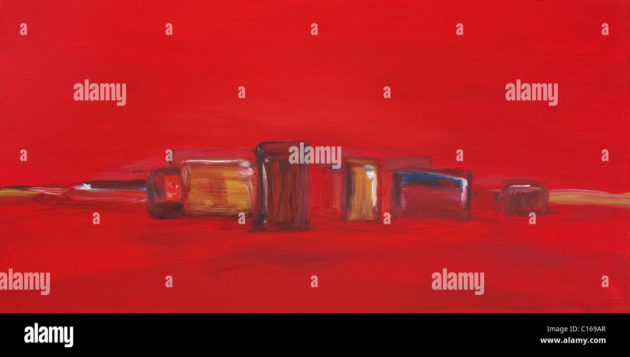 Peinture à l'huile d'art moderne d'une scène abstraite, en cramoisi et rouge Banque D'Images