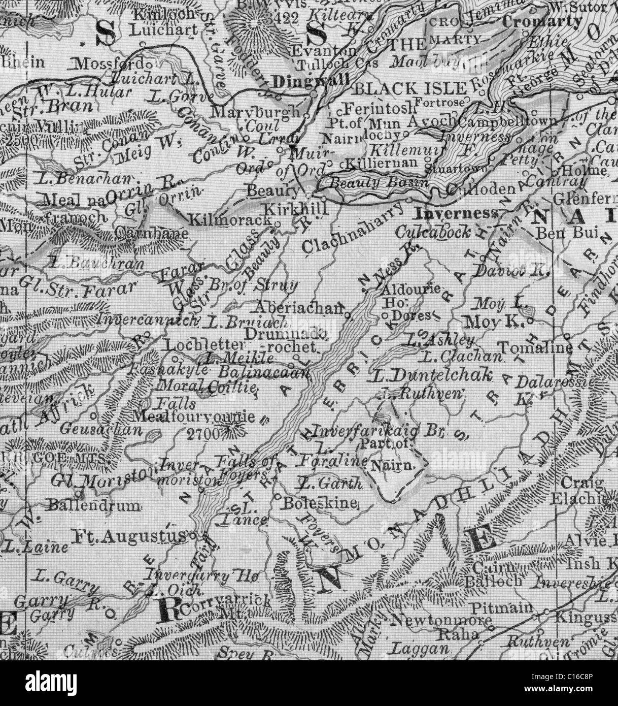Ancienne carte du Loch Ness à partir de l'original, 1884 manuel de géographie Banque D'Images