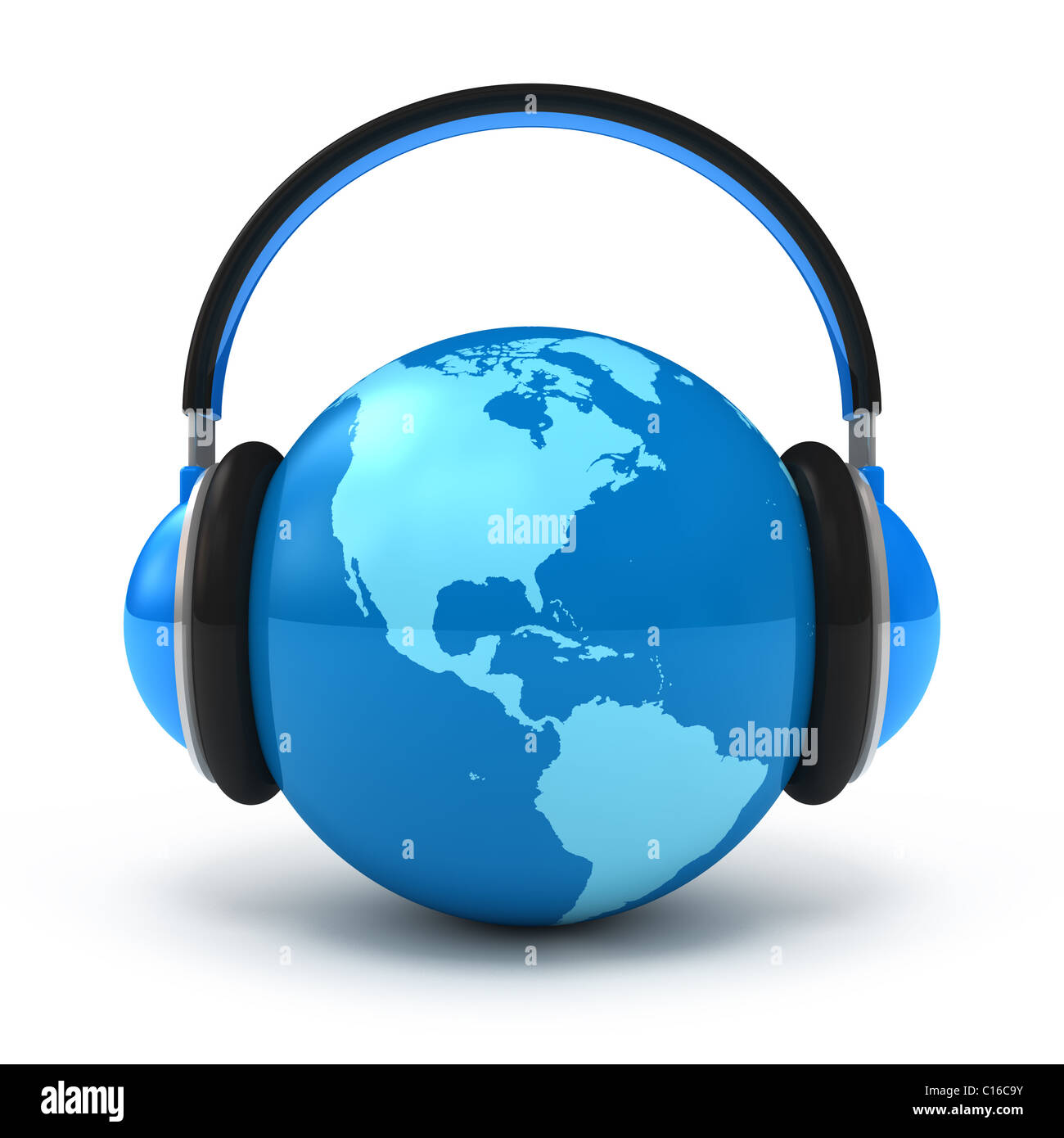 La terre avec des écouteurs. Musique du monde concept isolated on white Banque D'Images