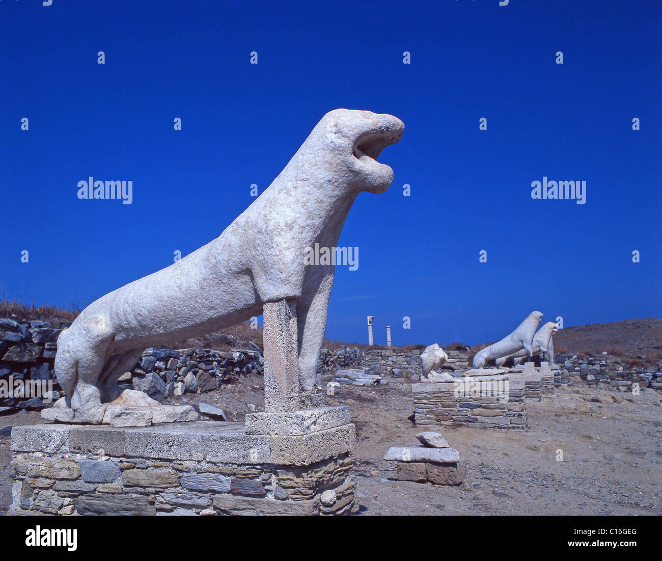 Des Lions de Délos, Delos, les Cyclades, sud de la mer Egée, Grèce Banque D'Images