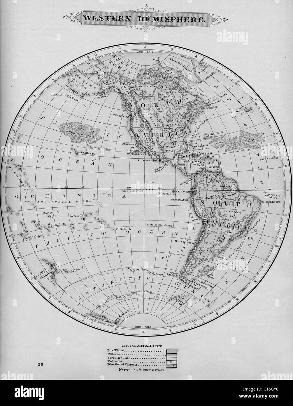 Carte ancienne de l'hémisphère ouest à partir de l'original, 1903 manuel de géographie Banque D'Images