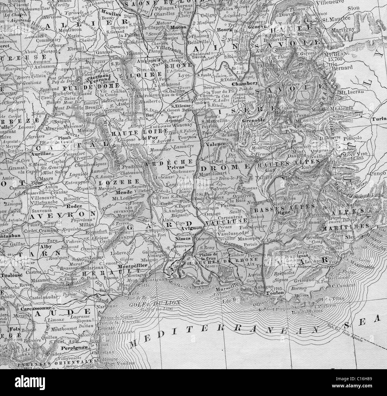 Ancienne carte du sud de la France à partir de l'original, 1884 manuel de géographie Banque D'Images