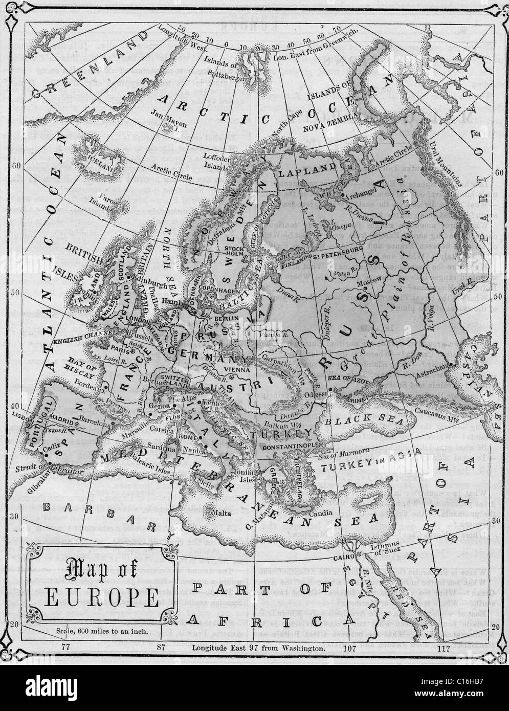 Carte ancienne de l'Europe à partir de l'original, 1865 manuel de géographie Banque D'Images
