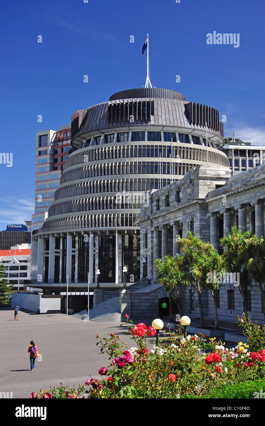 Nouvelle-zélande Le gouvernement 'ruche' et bâtiment du Parlement. Lambton Quay, Wellington, Wellington, North Island, New Zealand Banque D'Images