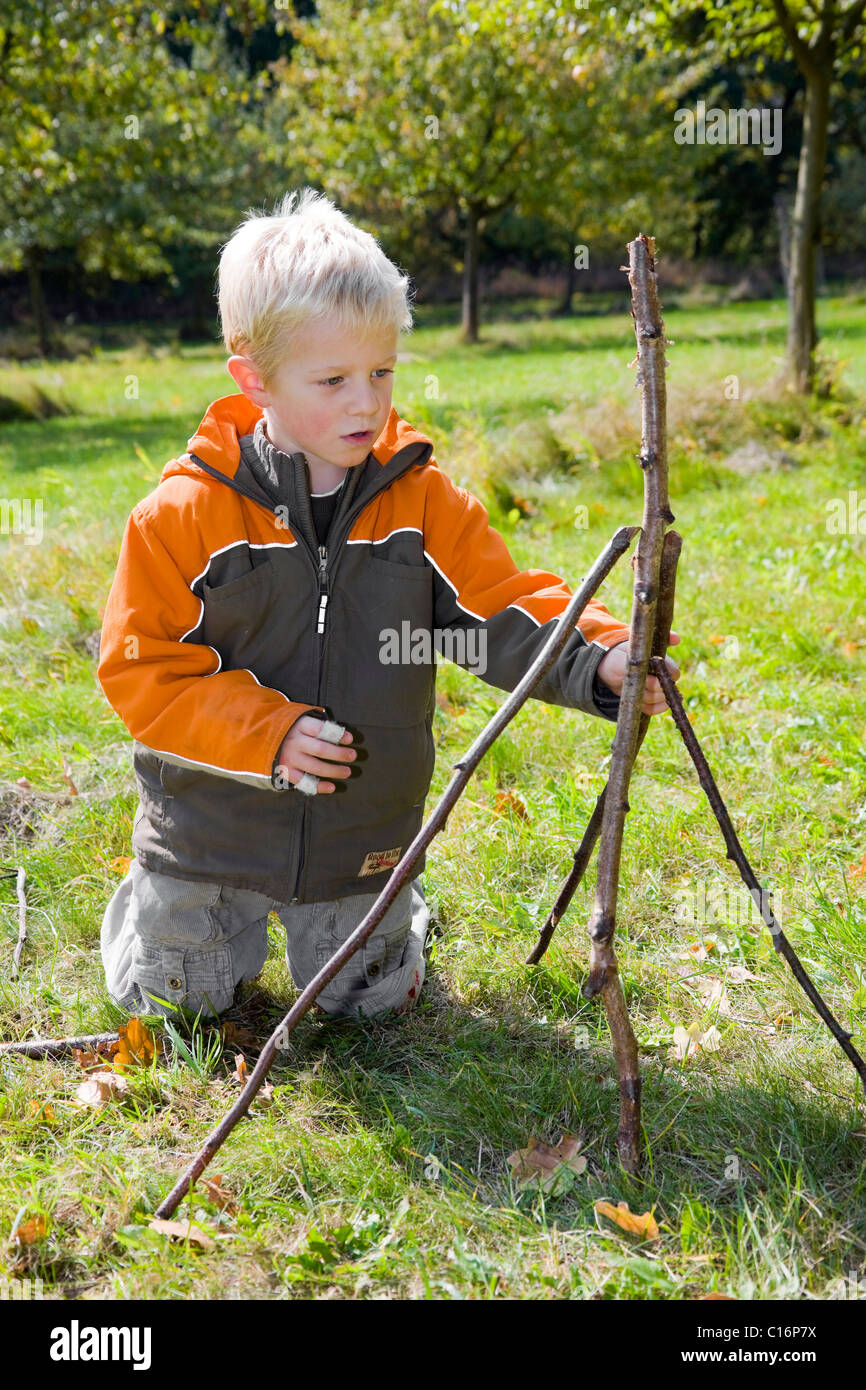 Garçon, 5 ans, la construction d'un tipi de bâton sur un pré Banque D'Images