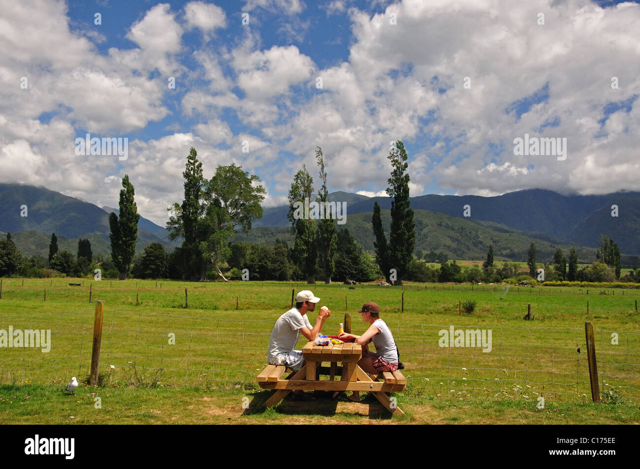 Couple eating à retenir sur banc, Takaka, région de Nelson, île du Sud, Nouvelle-Zélande Banque D'Images