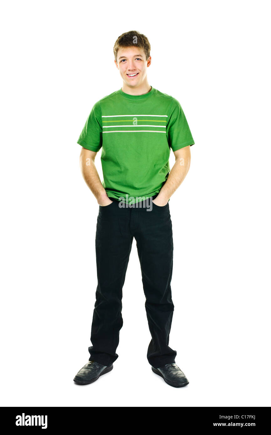 Heureux jeune homme debout tout le corps isolé sur fond blanc Banque D'Images