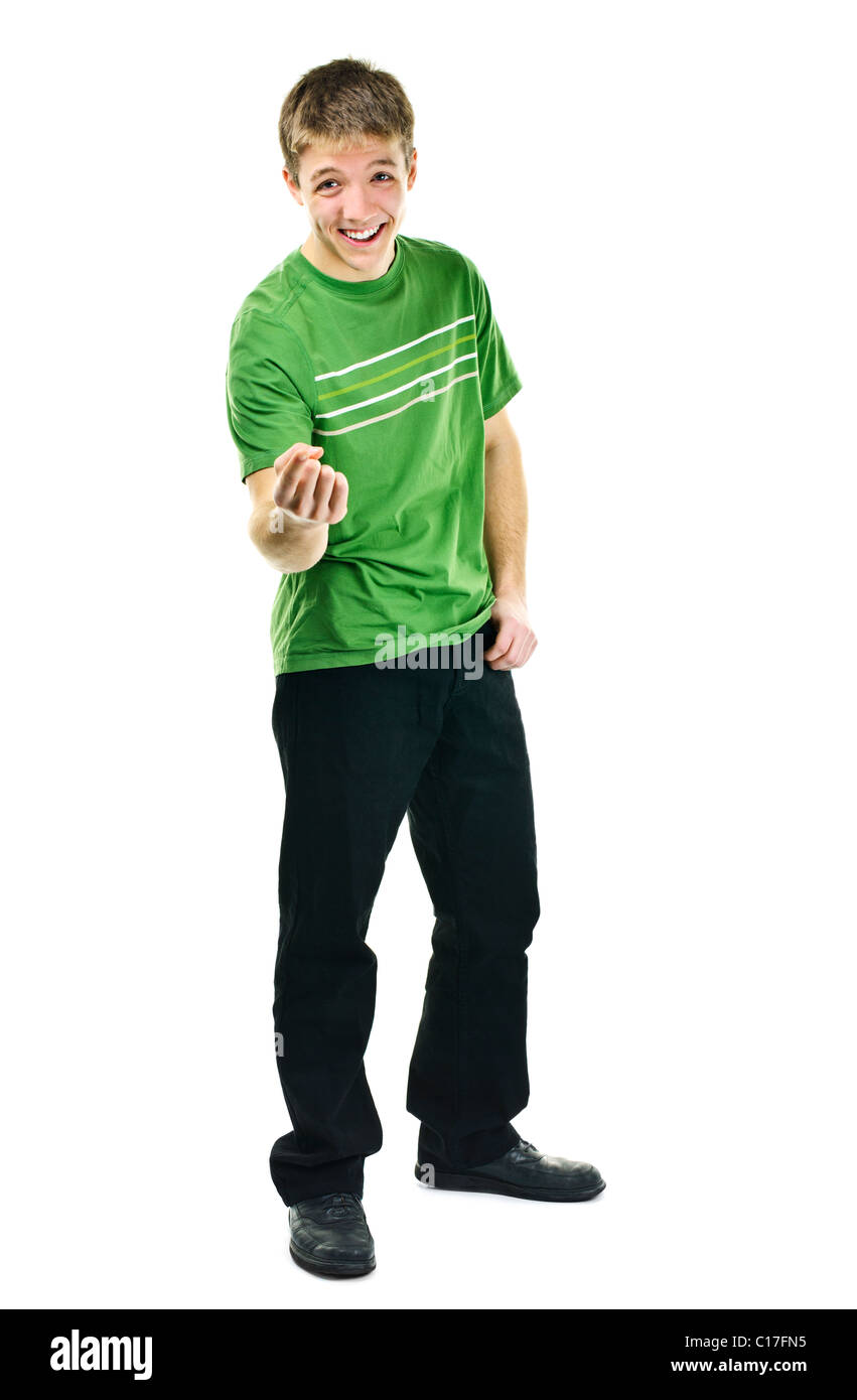 Laughing young man standing corps plein isolé sur fond blanc Banque D'Images