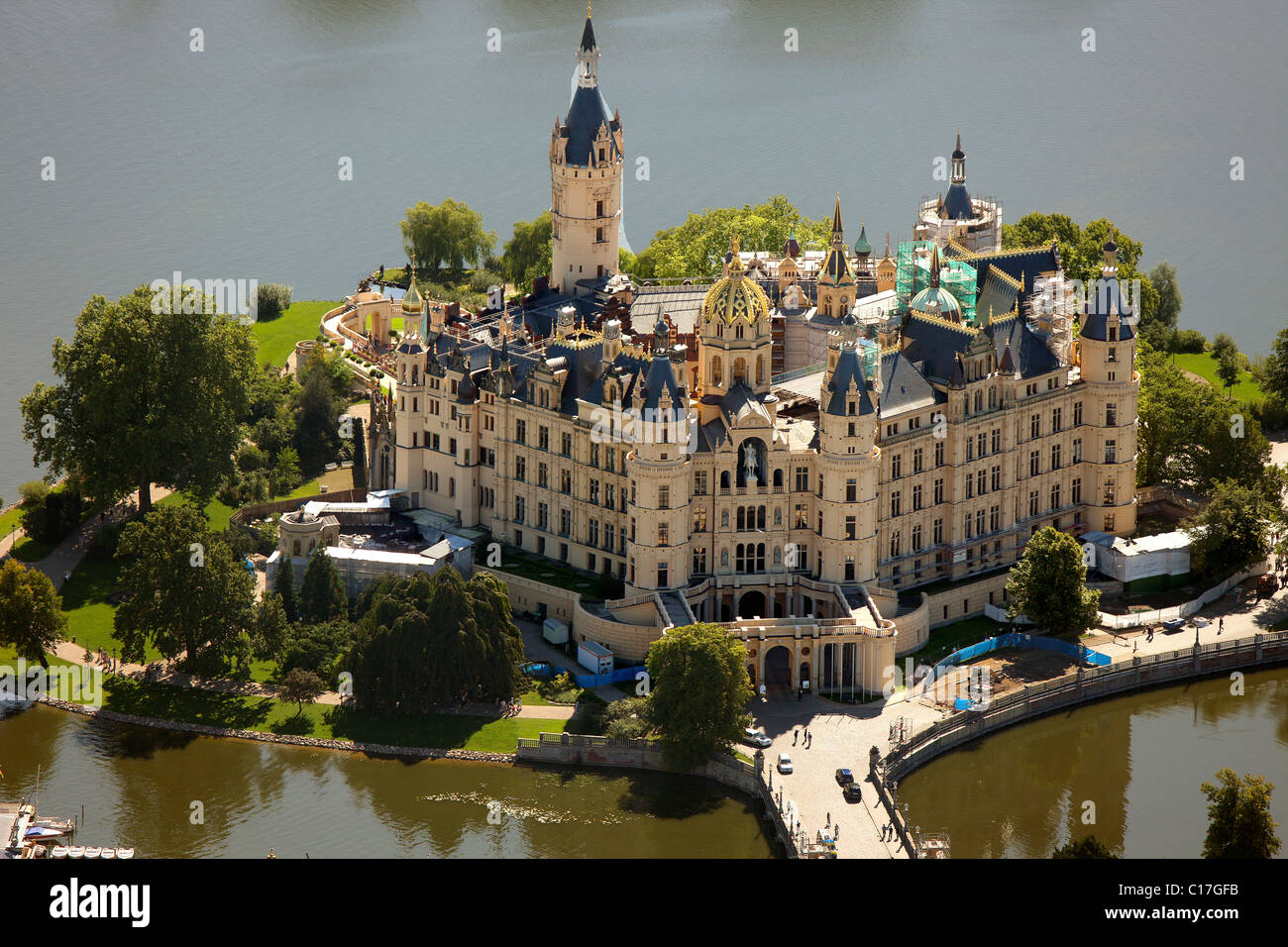 Areal view, château de Schwerin, Mecklembourg-Poméranie-Occidentale, Allemagne, Europe Banque D'Images