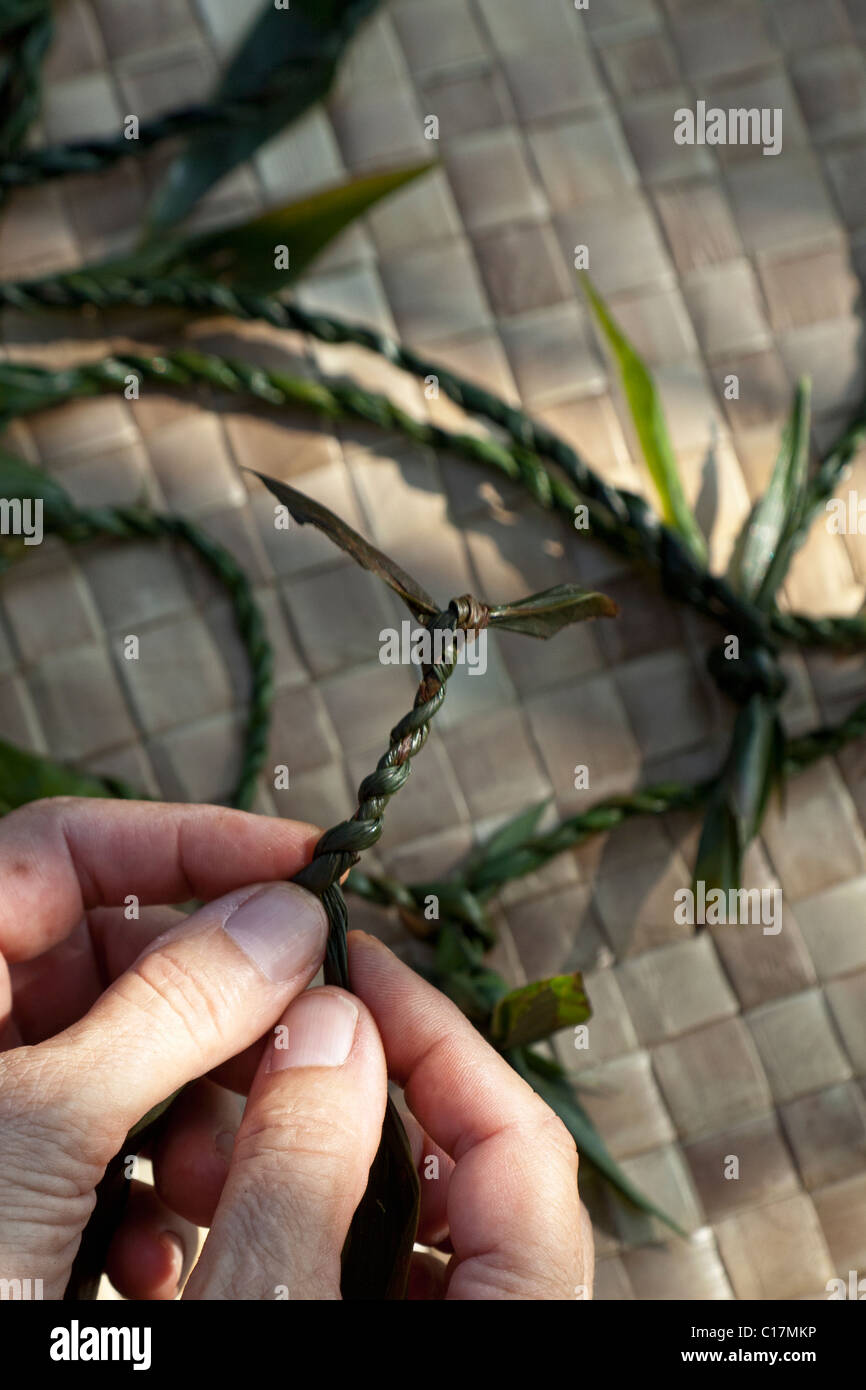 Lei traditionnel avec des feuilles de ti à Hawaii. Banque D'Images