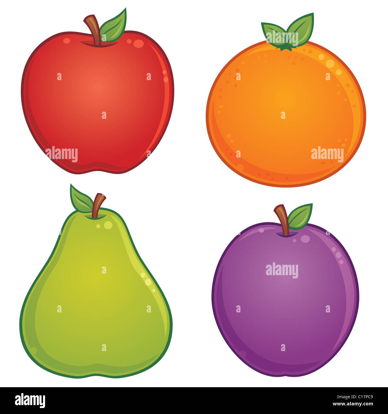 Vector cartoon illustration de divers fruits. Pomme, poire, orange et prune dessins inclus. Banque D'Images