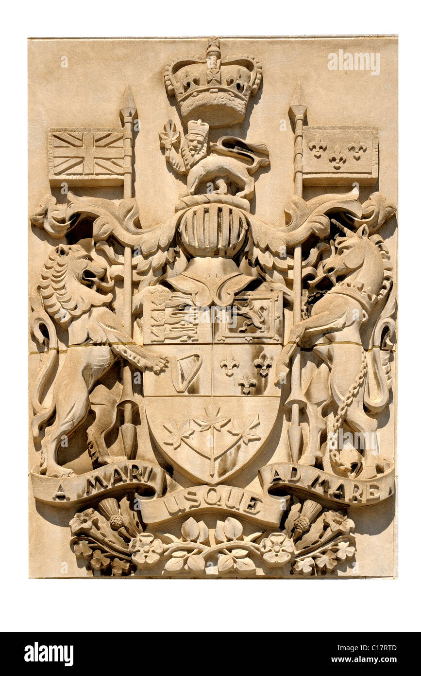 Cartographie des armoiries du Canada avec l'inscription de la devise canadienne, a mari usque ad mare, d'un océan à l'autre, Québec Banque D'Images