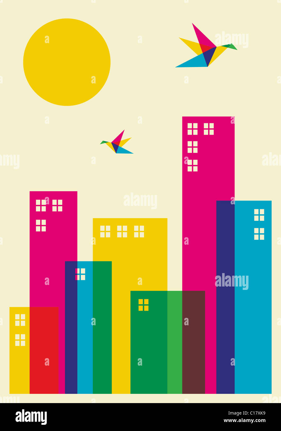 Printemps dans la ville. Couleur complet des colibris volant au-dessus de la ville. Fichier vecteur disponible. Banque D'Images