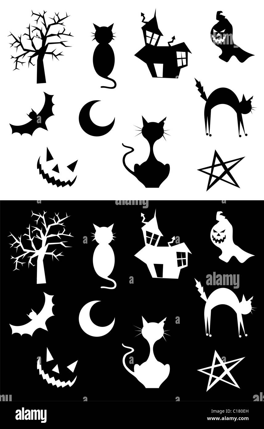 Jeu de silhouettes Halloween, l'élément de conception, sur fond noir et blanc. Vector illustration. Banque D'Images