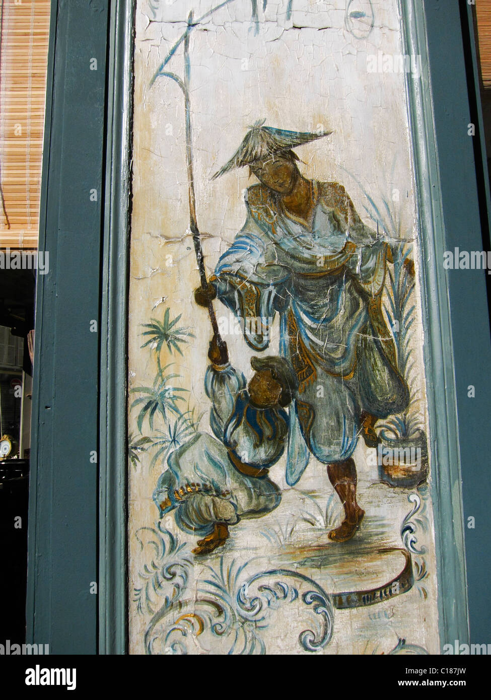 Paris, France, magasin d'antiquités chinois ancien, vitrine Old Sign, façade, graphique des gens chinois Banque D'Images