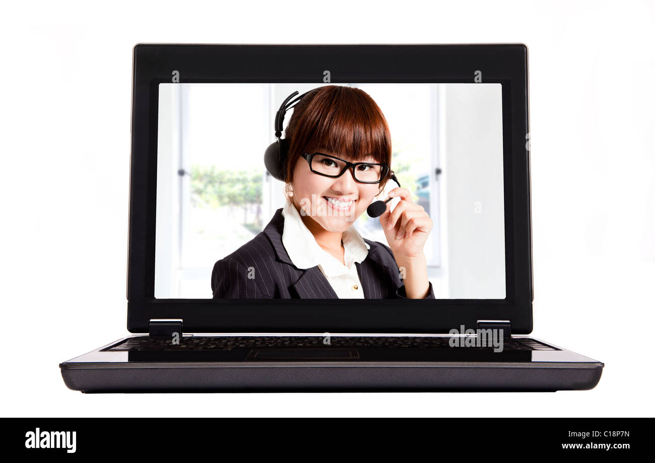 Smiling businesswoman et centre d'appels Internet Banque D'Images