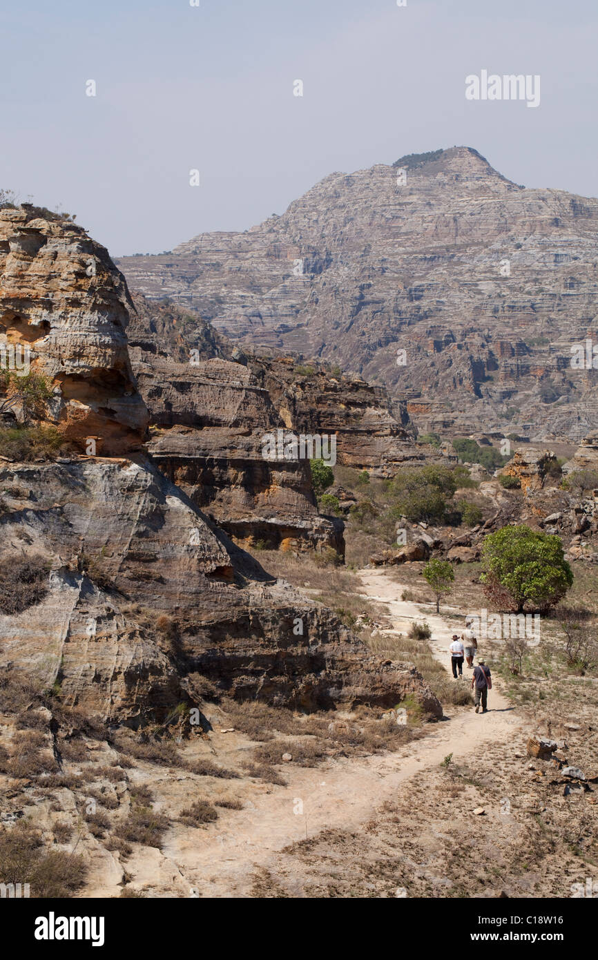 Les touristes de trekking à travers le Parc National d'Isalo, Madagascar, sur fond de falaises de grès jurassique érodé. Banque D'Images