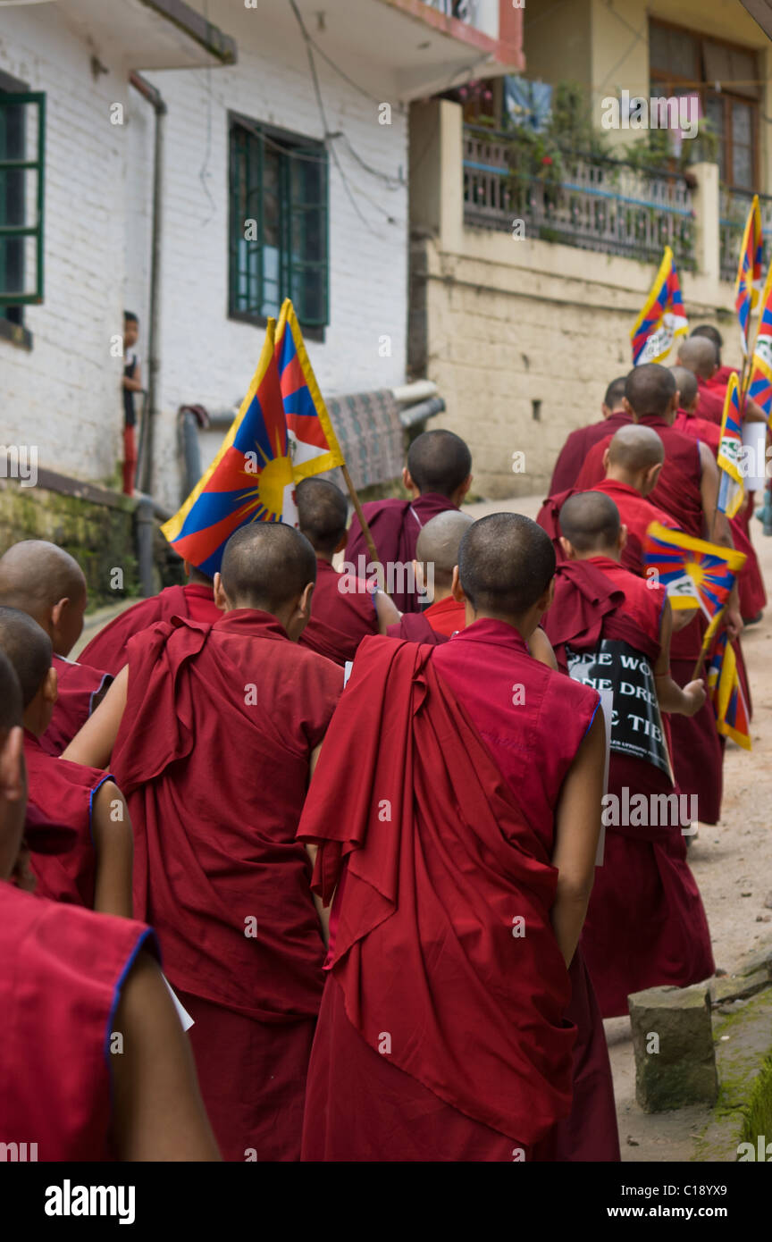 Une ligne de moines stream jusqu'à une colline tenant des drapeaux tibétains Banque D'Images