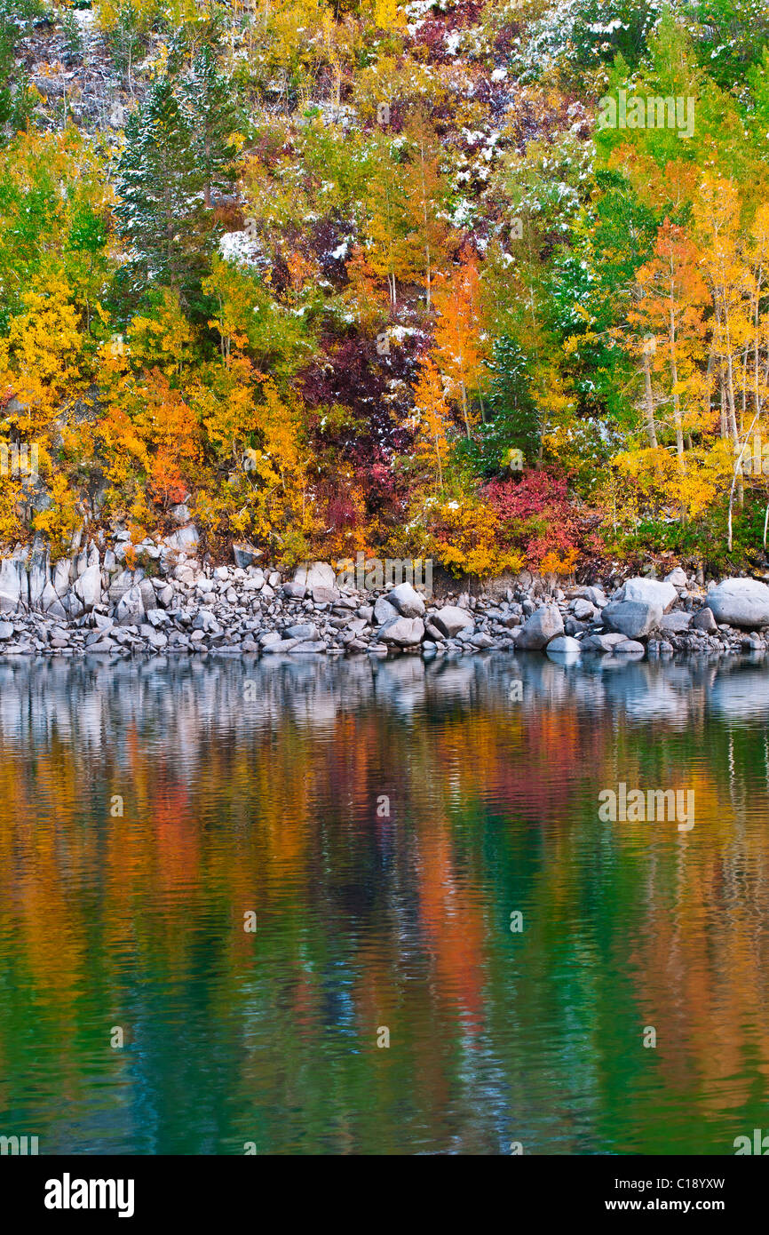 La couleur de l'automne et la neige fraîche au lac Sabrina, Inyo National Forest, la Sierra Nevada, en Californie USA Banque D'Images