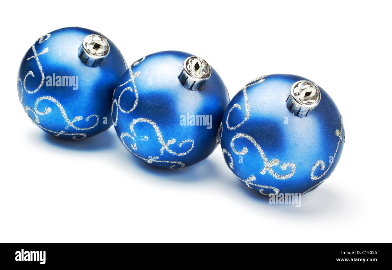 Trois boules de décoration bleu isolated on white Banque D'Images