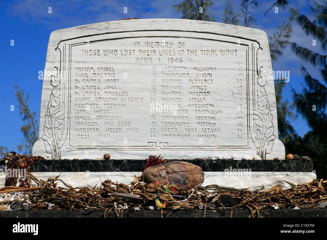 Mémorial aux 1 avril 1946 tsunami, Lapauho'e'eho, Big Island, Hawaii, Hawaii, USA Banque D'Images