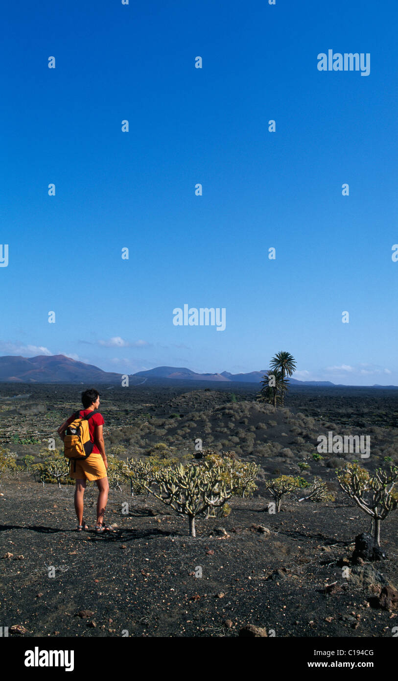 Randonnées au milieu des paysages volcaniques par Uga, Lanzarote, Canary Islands, Spain, Europe Banque D'Images
