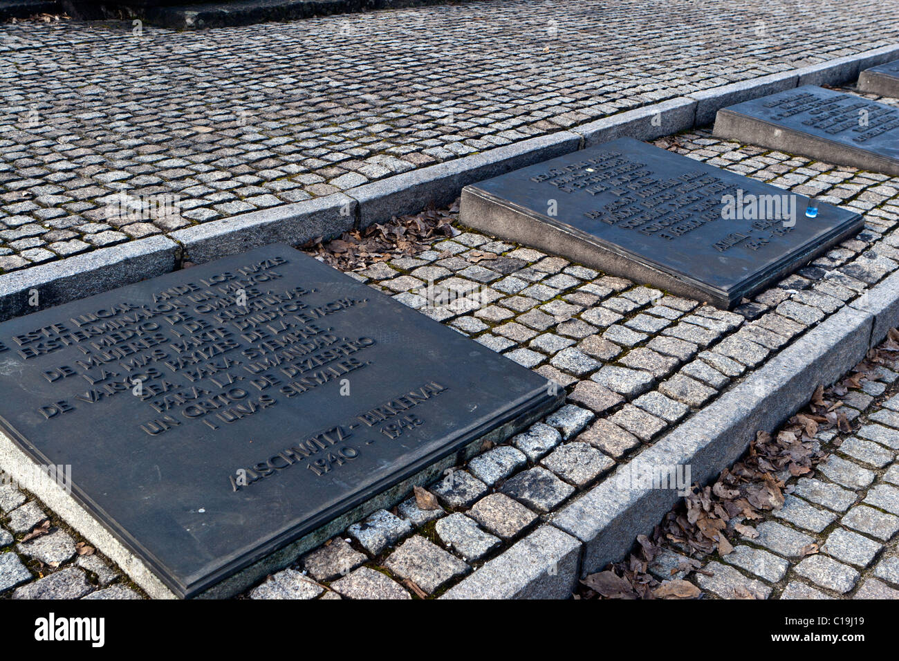 Plaques Monument à Auschwitz II-Birkenau, en Pologne. Banque D'Images